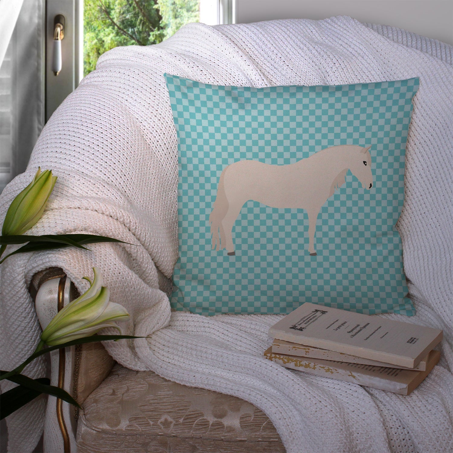 Paso Fino Horse Blue Check Decorative Throw Pillow 14x14 Indoor Outdoor Accent Cushion, Fabric Cover with Insert for Sofa, Bed, Porch & Living Room