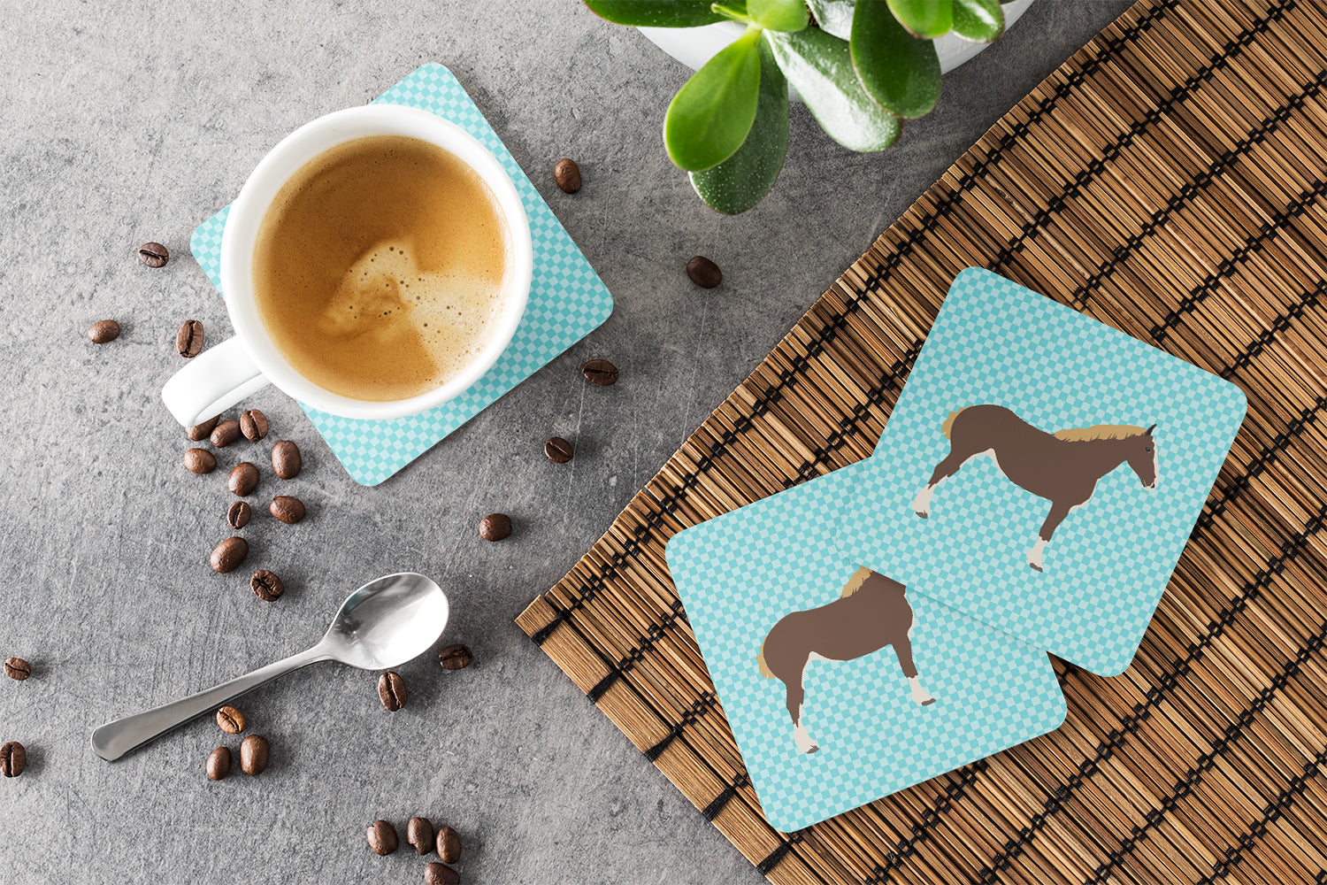 Percheron Horse Blue Check Foam Coasters Set of 4 Cup Coasters for Indoor Outdoor, Tabletop Protection, Anti Slip, Mouse pad Material