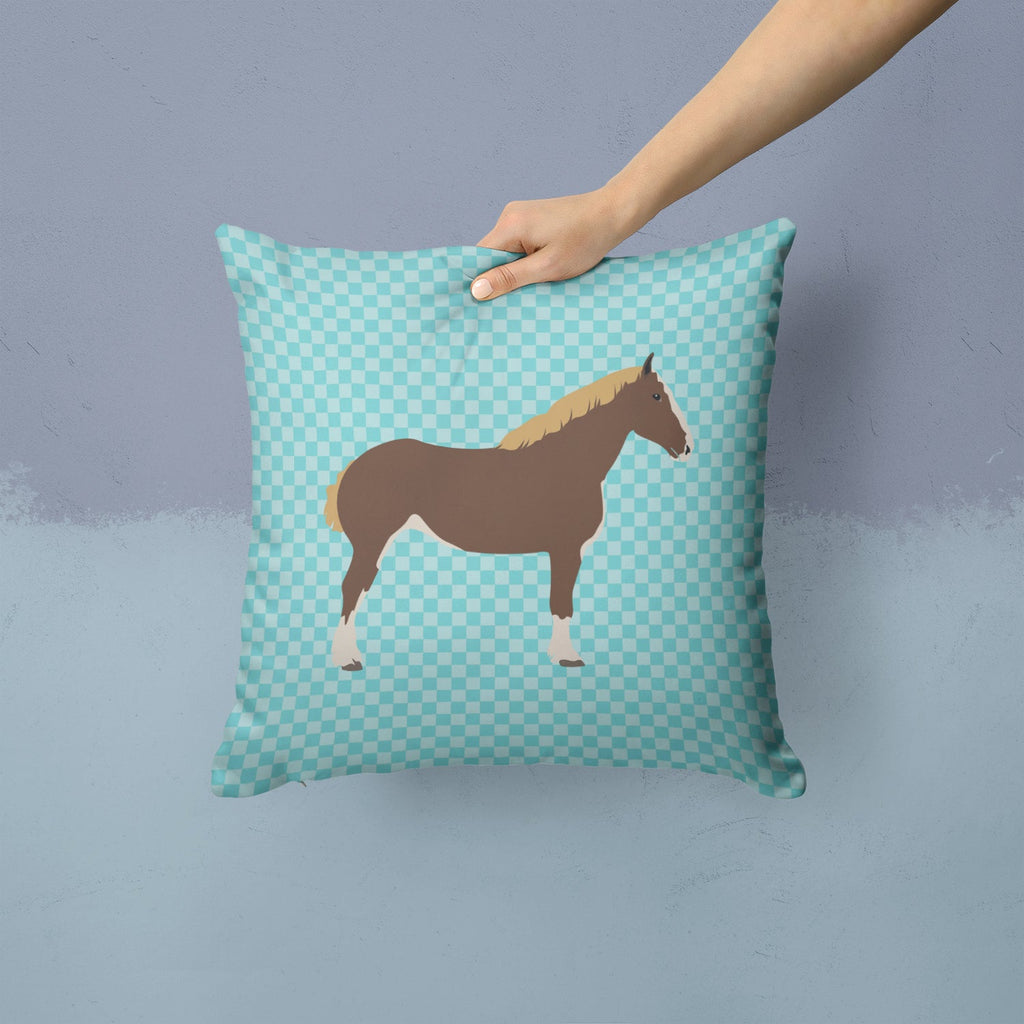 Percheron Horse Blue Check Decorative Throw Pillow 14x14 Indoor Outdoor Accent Cushion, Fabric Cover with Insert for Sofa, Bed, Porch & Living Room