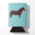 English Thoroughbred Horse Blue Check Can or Bottle Hugger Cooler Sleeve for Standard 12 oz Cans, Insulated Foam Beer & Soda Can Hugger Reusable