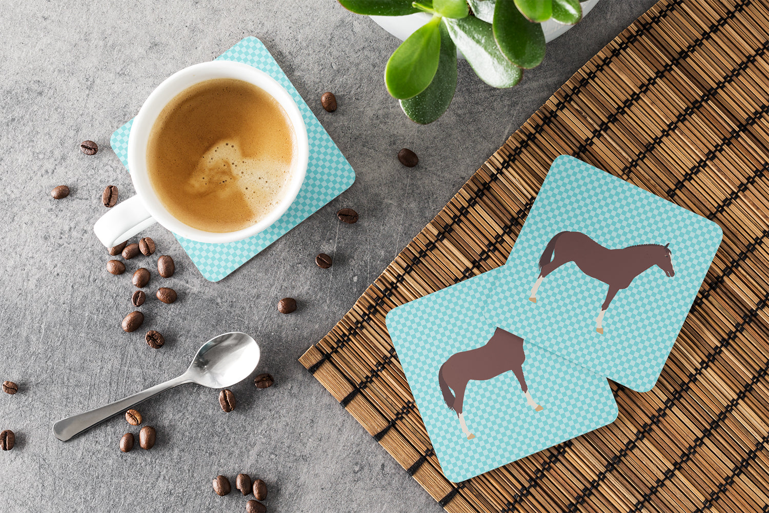 English Thoroughbred Horse Blue Check Foam Coasters Set of 4 Cup Coasters for Indoor Outdoor, Tabletop Protection, Anti Slip, Mouse pad Material