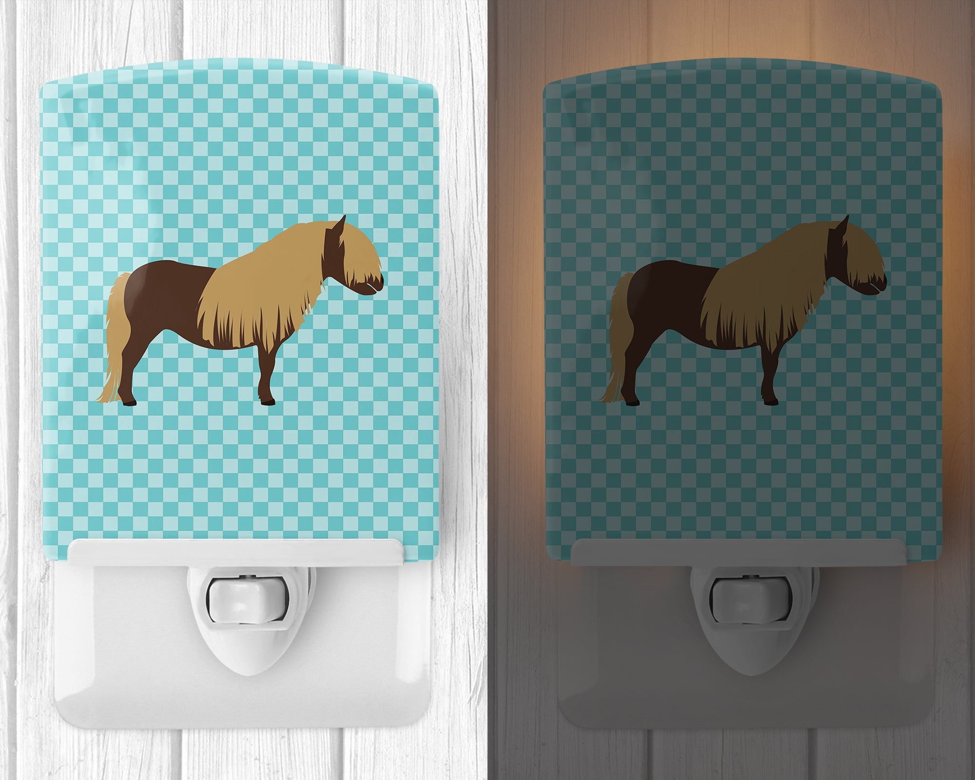 Shetland Pony Horse Blue Check Ceramic Night Light Compact, UL-Certified, Ideal for Bedroom, Bathroom, Nursery, Hallway, Kitchen, 6x4x3, Multicolor