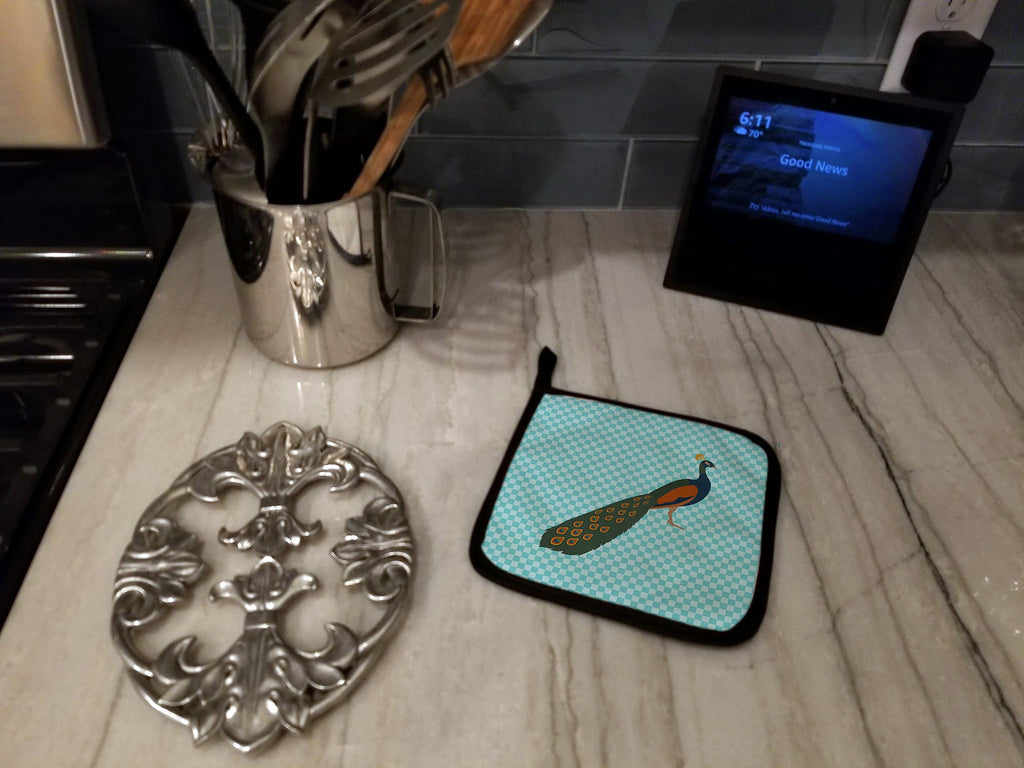 Indian Peacock Peafowl Blue Check Pot Holder Set of 2 Heat Resistant Quilted Hot Pads 7.5 x 7.5 Inch, Insulated Kitchen Trivets for Cooking & Baking