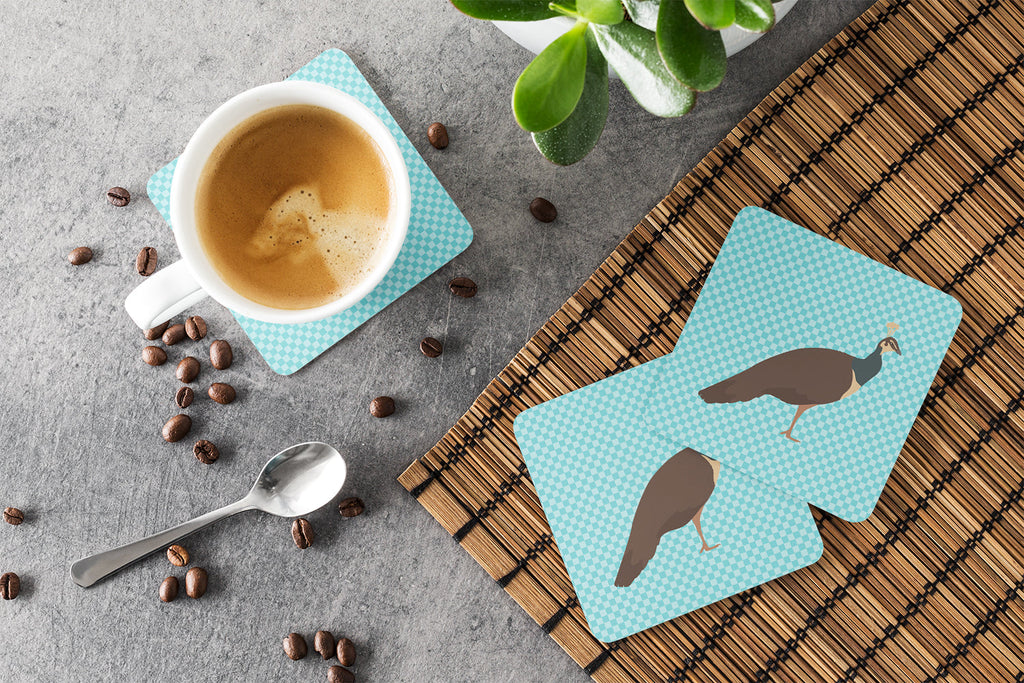 Indian Peahen Peafowl Blue Check Foam Coasters Set of 4 Cup Coasters for Indoor Outdoor, Tabletop Protection, Anti Slip, Mouse pad Material