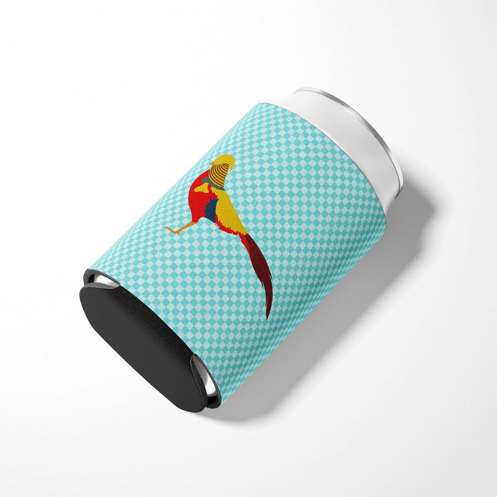 Golden or Chinese Pheasant Blue Check Can or Bottle Hugger Cooler Sleeve for Standard 12 oz Cans, Insulated Foam Beer & Soda Can Hugger Reusable