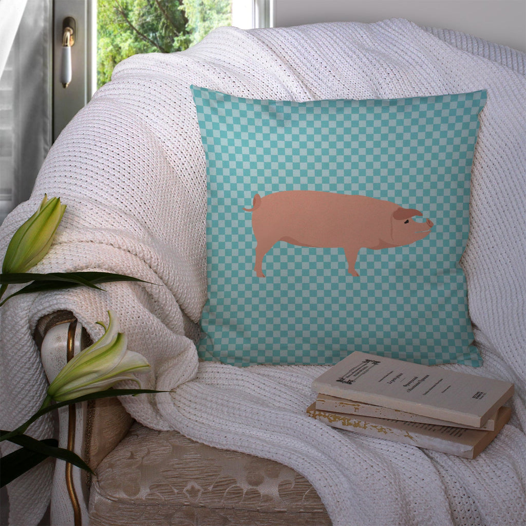 American Landrace Pig Blue Check Decorative Throw Pillow 14x14 Indoor Outdoor Accent Cushion, Fabric Cover with Insert for Sofa, Bed, Porch & Living Room