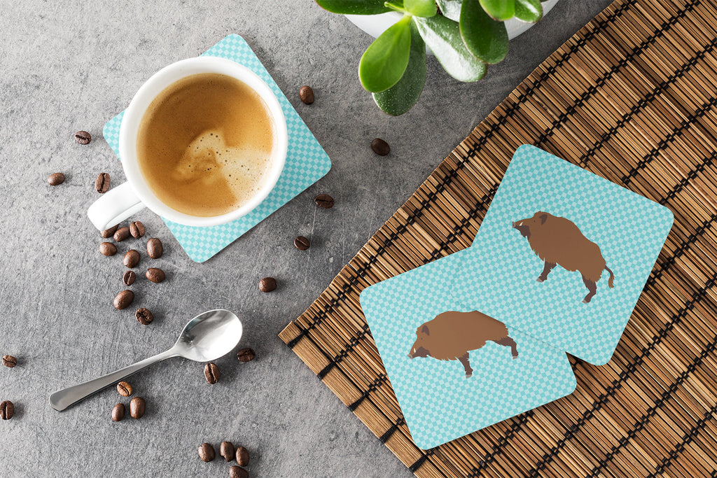 Wild Boar Pig Blue Check Foam Coasters Set of 4 Cup Coasters for Indoor Outdoor, Tabletop Protection, Anti Slip, Mouse pad Material