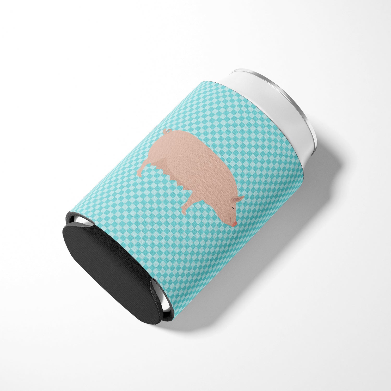 English Large White Pig Blue Check Can or Bottle Hugger Cooler Sleeve for Standard 12 oz Cans, Insulated Foam Beer & Soda Can Hugger Reusable