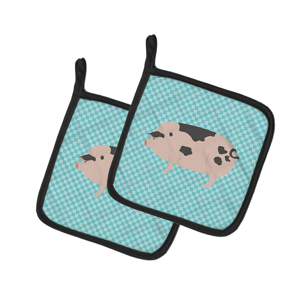 Gloucester Old Spot Pig Blue Check Pot Holder Set of 2 Heat Resistant Quilted Hot Pads 7.5 x 7.5 Inch, Insulated Kitchen Trivets for Cooking & Baking
