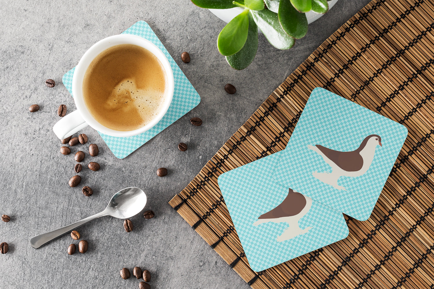 Large Pigeon Blue Check Foam Coasters Set of 4 Cup Coasters for Indoor Outdoor, Tabletop Protection, Anti Slip, Mouse pad Material