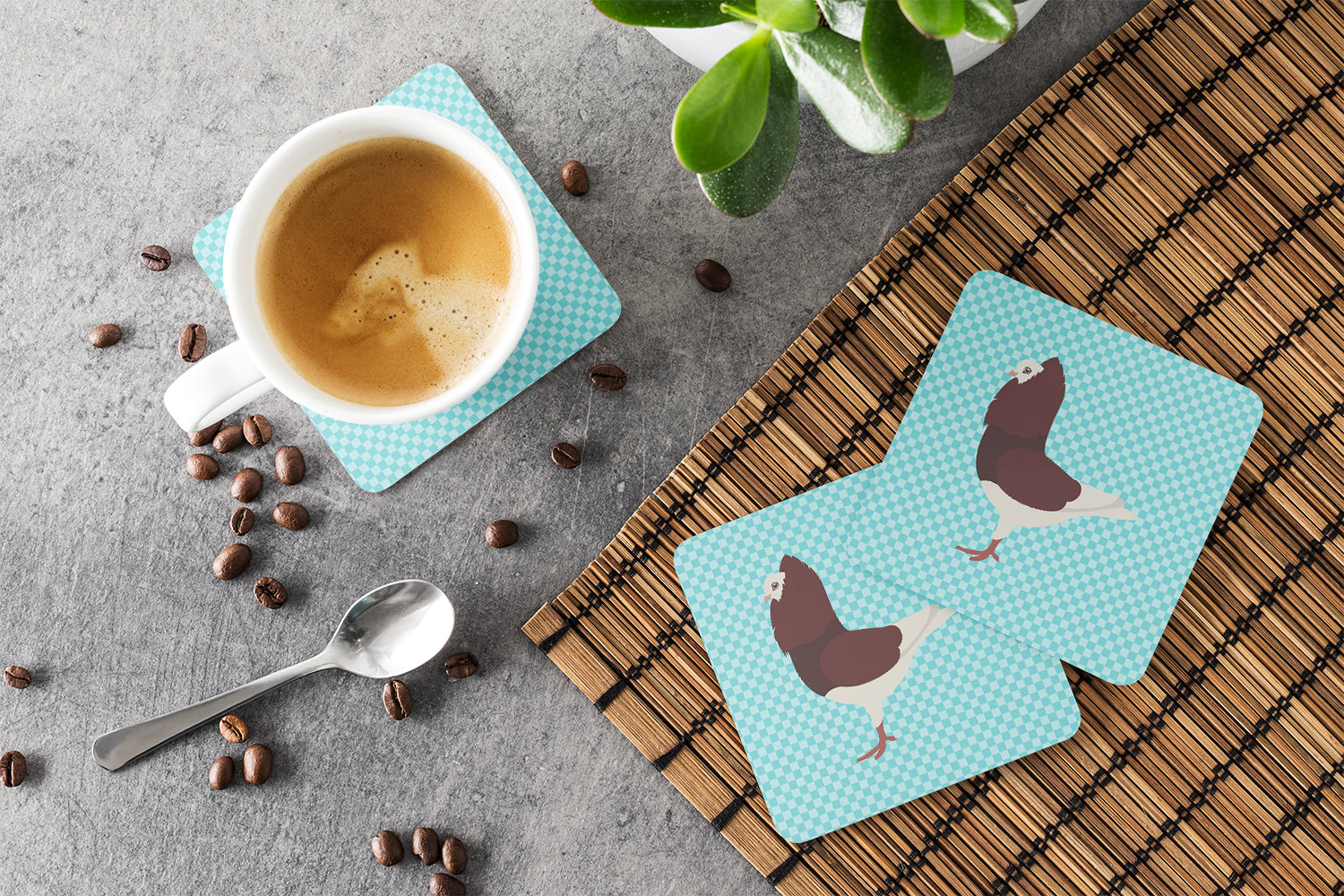 Capuchin Red Pigeon Blue Check Foam Coasters Set of 4 Cup Coasters for Indoor Outdoor, Tabletop Protection, Anti Slip, Mouse pad Material