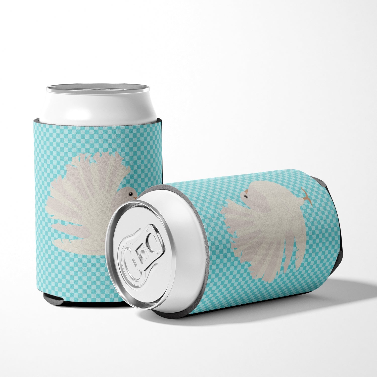 Silver Fantail Pigeon Blue Check Can or Bottle Hugger Cooler Sleeve for Standard 12 oz Cans, Insulated Foam Beer & Soda Can Hugger Reusable