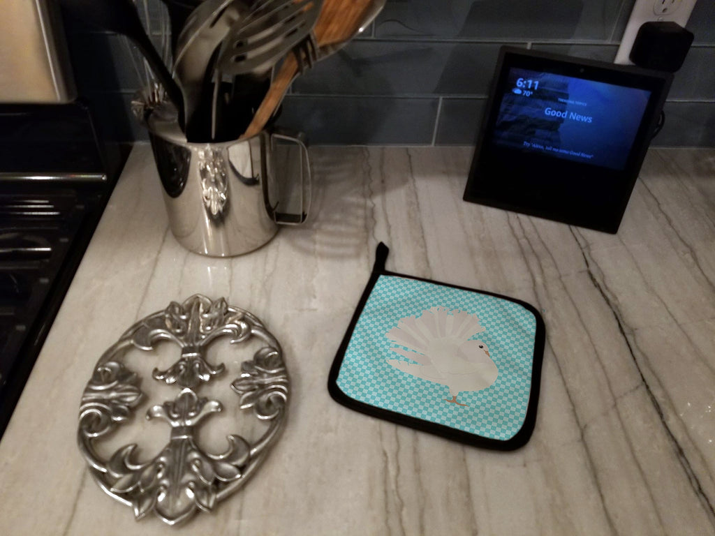 Silver Fantail Pigeon Blue Check Pot Holder Set of 2 Heat Resistant Quilted Hot Pads 7.5 x 7.5 Inch, Insulated Kitchen Trivets for Cooking & Baking
