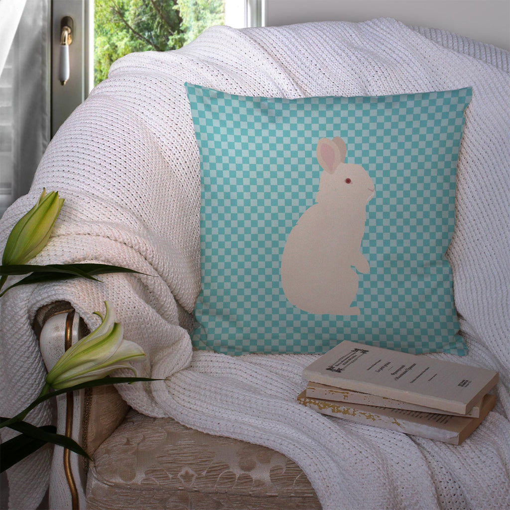 New Zealand White Rabbit Blue Check Decorative Throw Pillow 14x14 Indoor Outdoor Accent Cushion, Fabric Cover with Insert for Sofa, Bed, Porch & Living Room