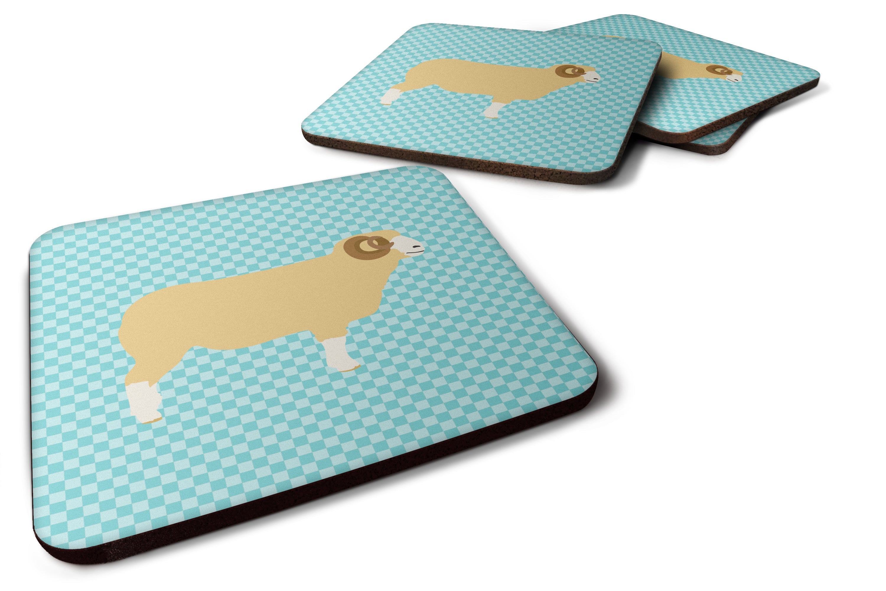 Horned Dorset Sheep Blue Check Foam Coasters Set of 4 Cup Coasters for Indoor Outdoor, Tabletop Protection, Anti Slip, Mouse pad Material