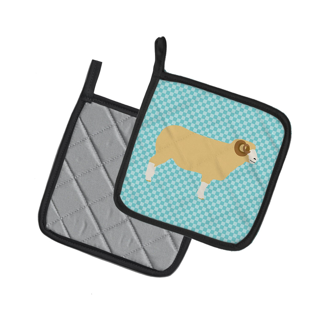 Horned Dorset Sheep Blue Check Pot Holder Set of 2 Heat Resistant Quilted Hot Pads 7.5 x 7.5 Inch, Insulated Kitchen Trivets for Cooking & Baking