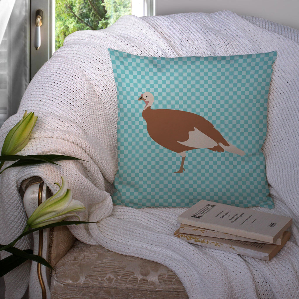 Jersey Buff Turkey Hen Blue Check Decorative Throw Pillow 14x14 Indoor Outdoor Accent Cushion, Fabric Cover with Insert for Sofa, Bed, Porch & Living Room