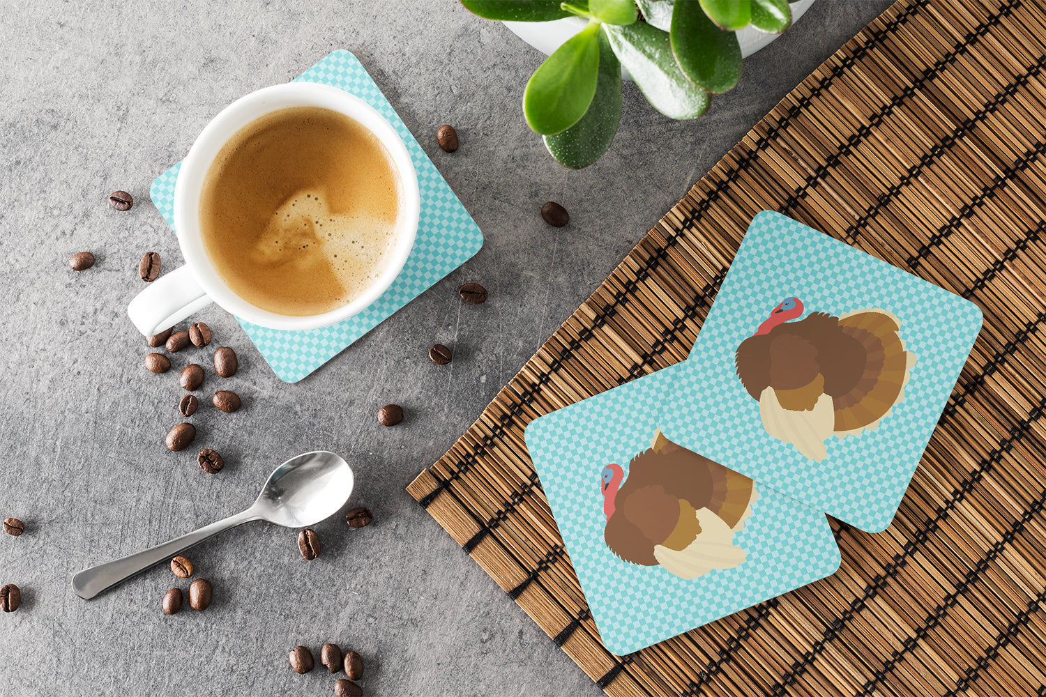 French Turkey Dindon Blue Check Foam Coasters Set of 4 Cup Coasters for Indoor Outdoor, Tabletop Protection, Anti Slip, Mouse pad Material