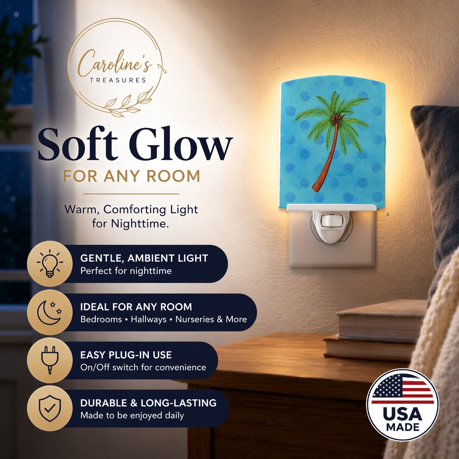 Palm Tree Blue Polkadot Ceramic Night Light Compact, UL-Certified, Ideal for Bedroom, Bathroom, Nursery, Hallway, Kitchen, 6x4x3, Multicolor
