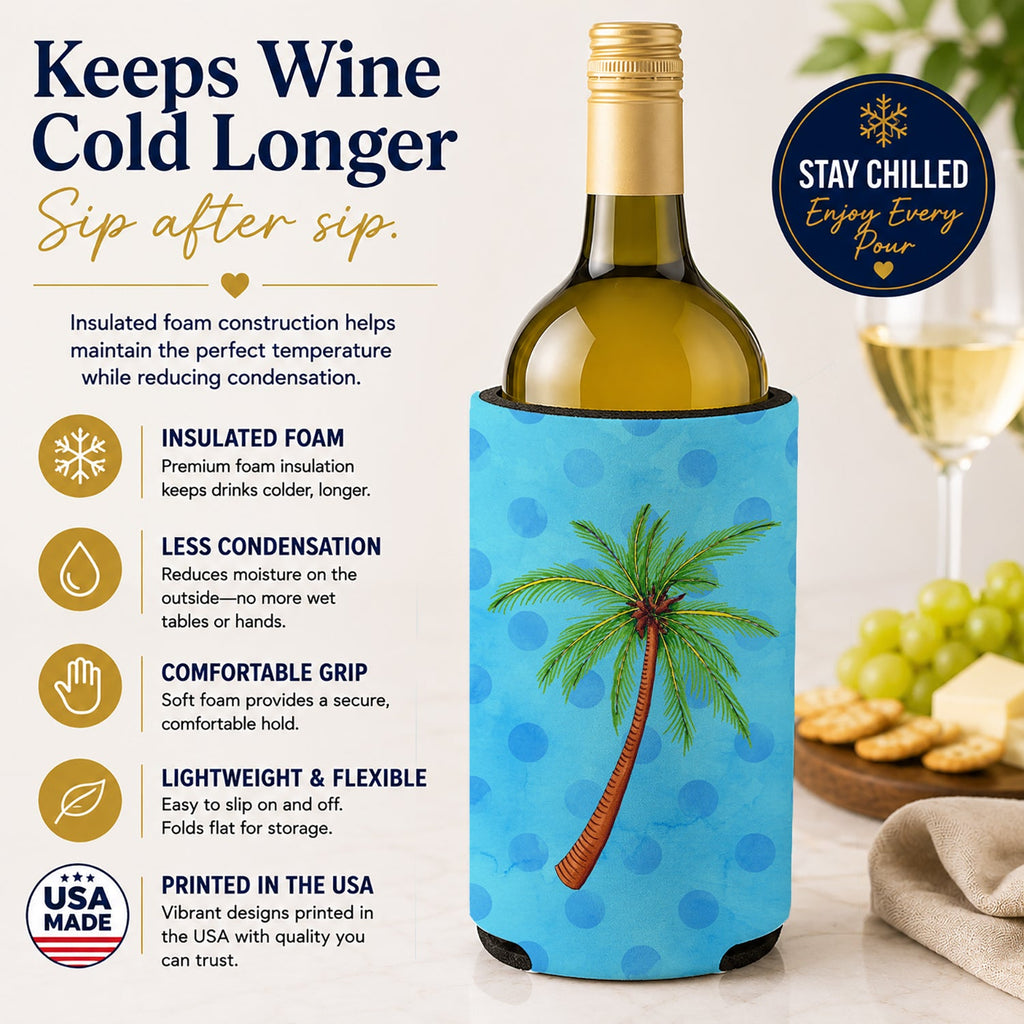 Palm Tree Blue Polkadot Wine Bottle Hugger Gift Sleeve for Standard 750 ml Bottles, Insulated Reusable Fits Mini Shot & Pint Bottles
