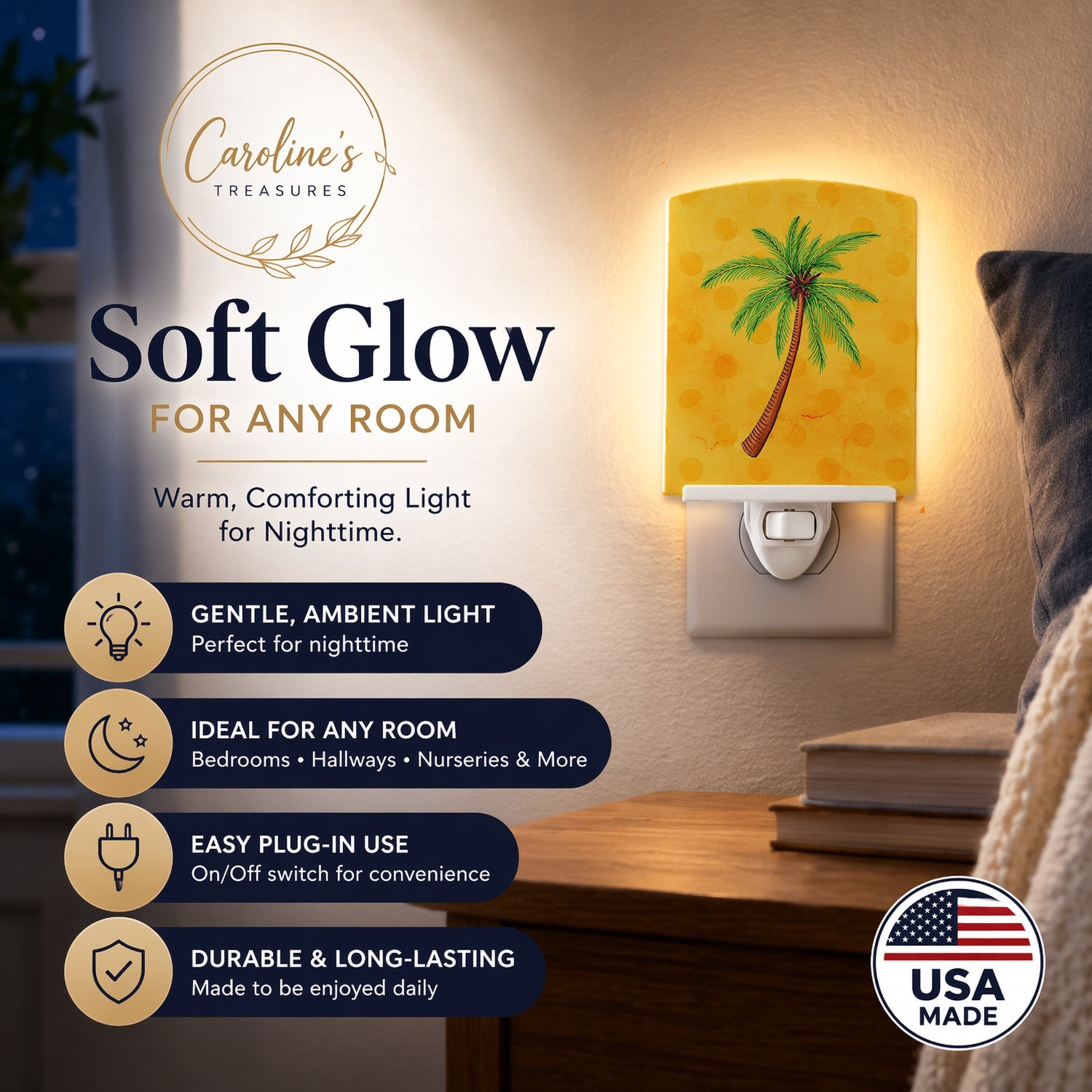 Palm Tree Yellow Polkadot Ceramic Night Light Compact, UL-Certified, Ideal for Bedroom, Bathroom, Nursery, Hallway, Kitchen, 6x4x3, Multicolor
