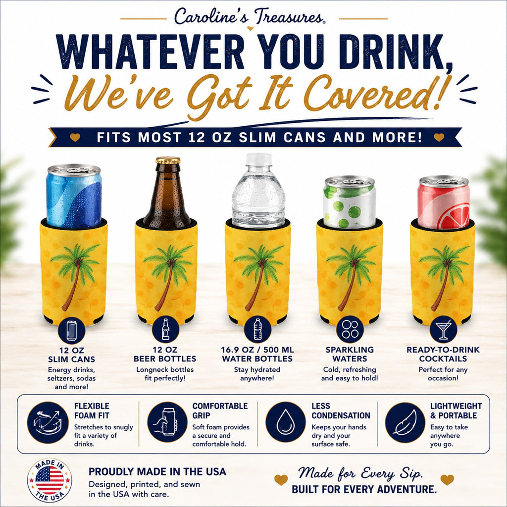 Palm Tree Yellow Polkadot Slim Can Hugger  Insulated Foam Sleeve for 12 oz Slim Cans, Beer Bottles & Water Bottles, Made in USA