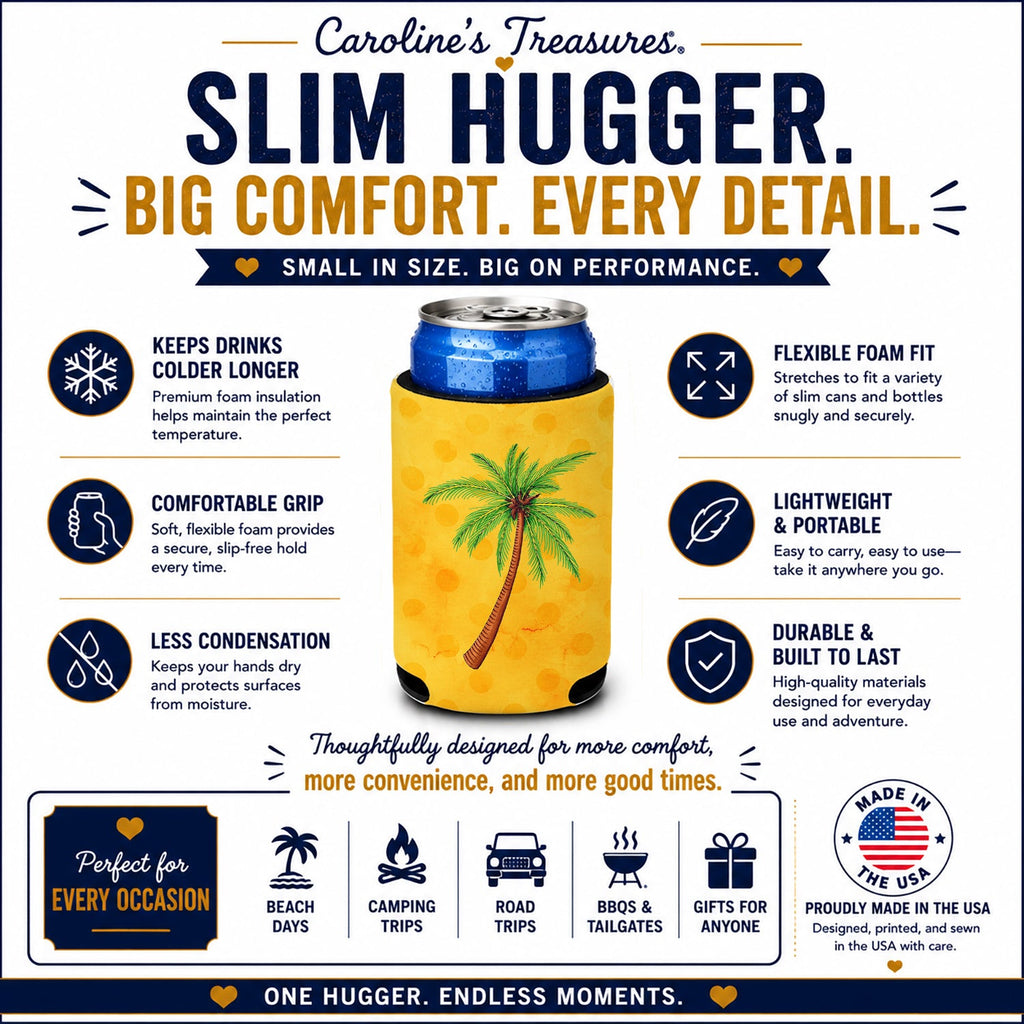 Palm Tree Yellow Polkadot Slim Can Hugger  Insulated Foam Sleeve for 12 oz Slim Cans, Beer Bottles & Water Bottles, Made in USA
