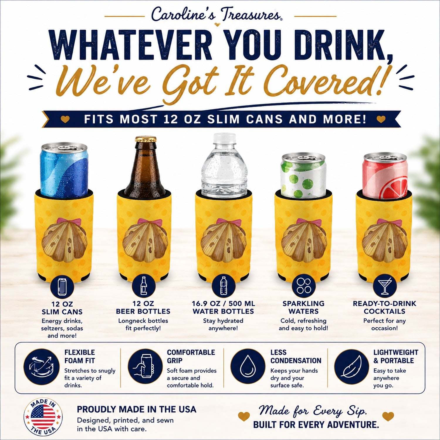 Sea Shell Yellow Polkadot Slim Can Hugger  Insulated Foam Sleeve for 12 oz Slim Cans, Beer Bottles & Water Bottles, Made in USA