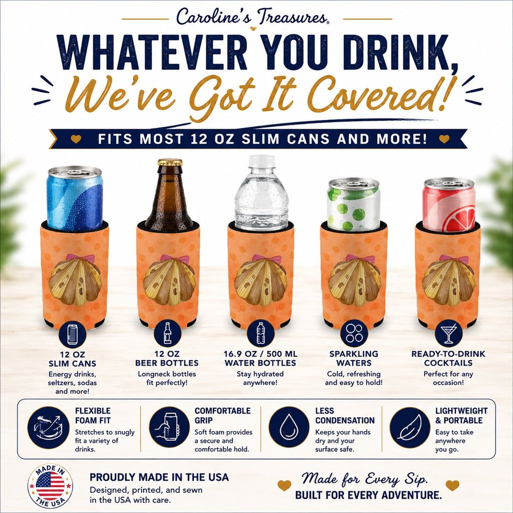 Sea Shell Orange Polkadot Slim Can Hugger  Insulated Foam Sleeve for 12 oz Slim Cans, Beer Bottles & Water Bottles, Made in USA