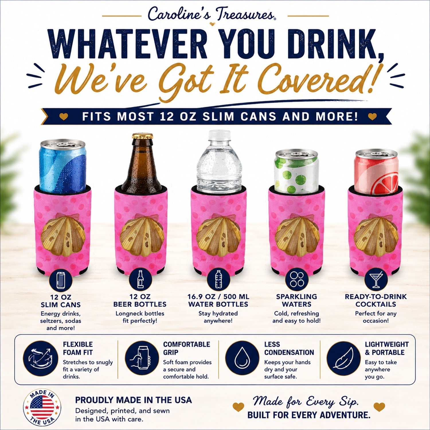 Sea Shell Pink Polkadot Slim Can Hugger  Insulated Foam Sleeve for 12 oz Slim Cans, Beer Bottles & Water Bottles, Made in USA