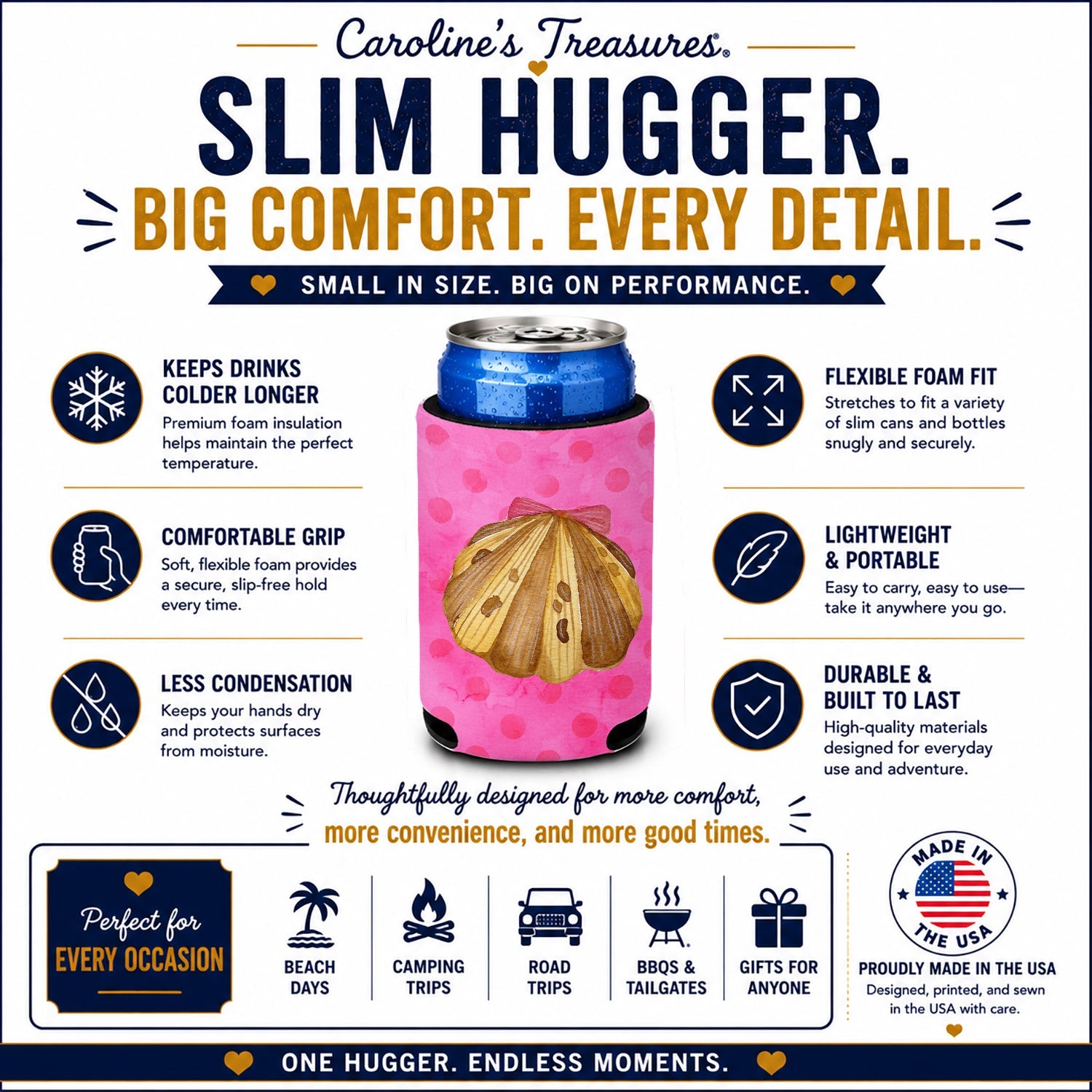 Sea Shell Pink Polkadot Slim Can Hugger  Insulated Foam Sleeve for 12 oz Slim Cans, Beer Bottles & Water Bottles, Made in USA