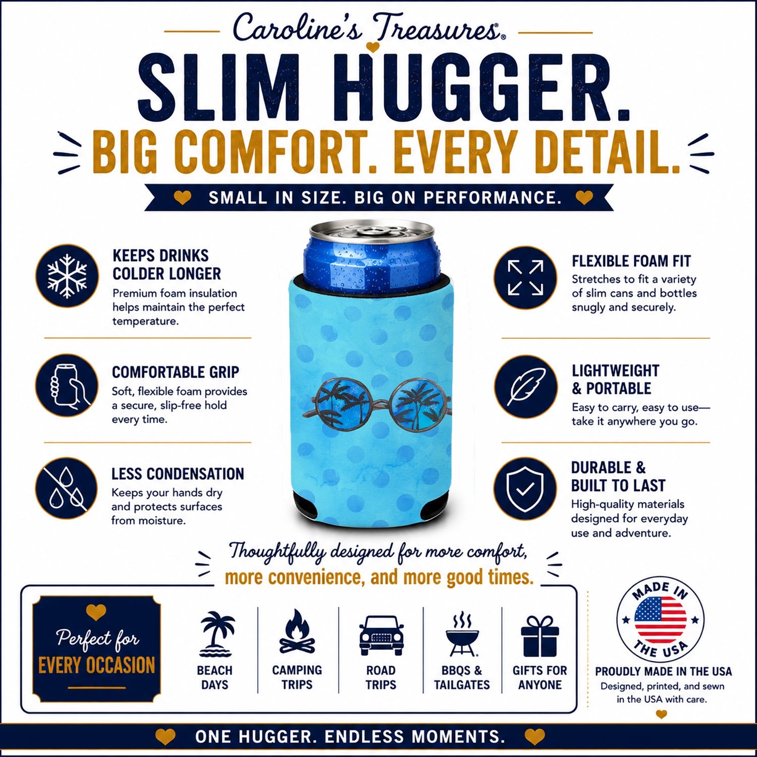Sunglasses Blue Polkadot Slim Can Hugger  Insulated Foam Sleeve for 12 oz Slim Cans, Beer Bottles & Water Bottles, Made in USA