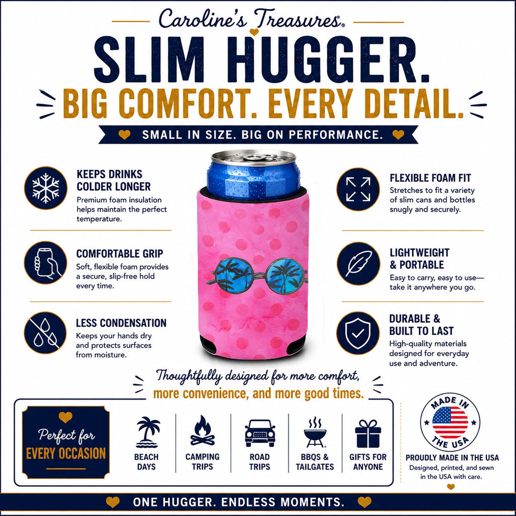 Sunglasses Pink Polkadot Slim Can Hugger  Insulated Foam Sleeve for 12 oz Slim Cans, Beer Bottles & Water Bottles, Made in USA