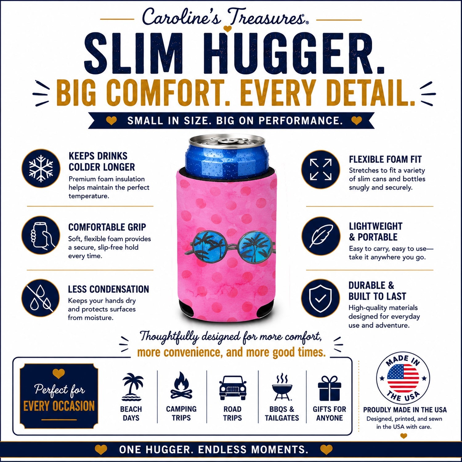 Sunglasses Pink Polkadot Slim Can Hugger  Insulated Foam Sleeve for 12 oz Slim Cans, Beer Bottles & Water Bottles, Made in USA
