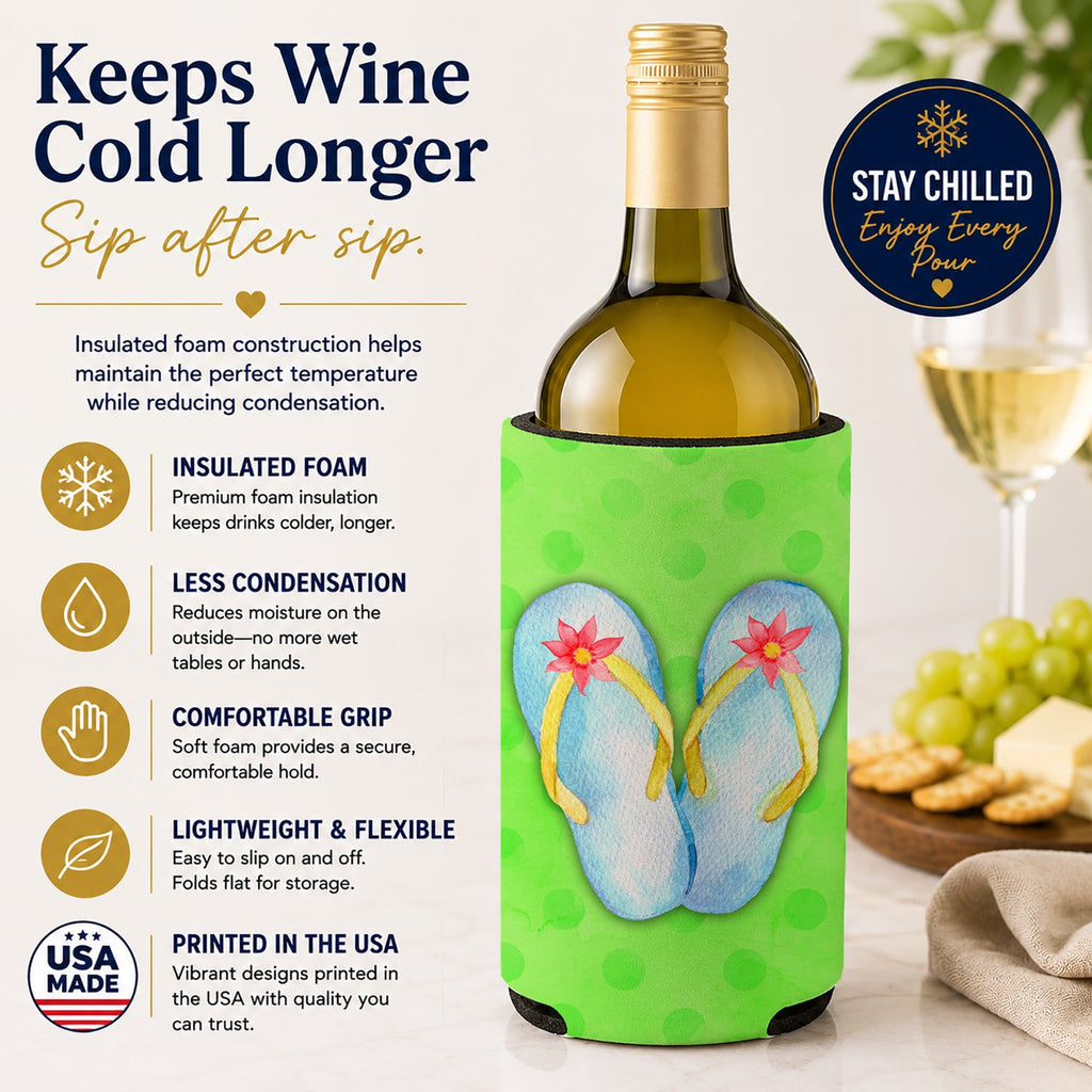 Flip Flops Green Polkadot Wine Bottle Hugger Gift Sleeve for Standard 750 ml Bottles, Insulated Reusable Fits Mini Shot & Pint Bottles