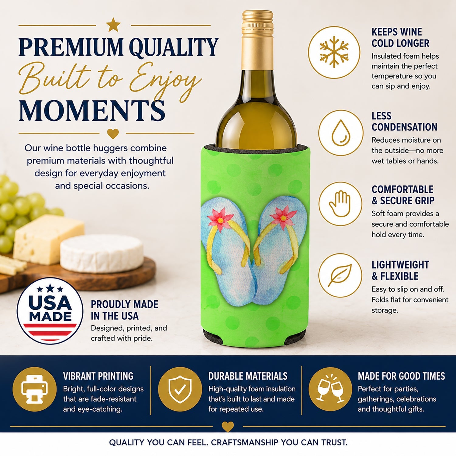 Flip Flops Green Polkadot Wine Bottle Hugger Gift Sleeve for Standard 750 ml Bottles, Insulated Reusable Fits Mini Shot & Pint Bottles
