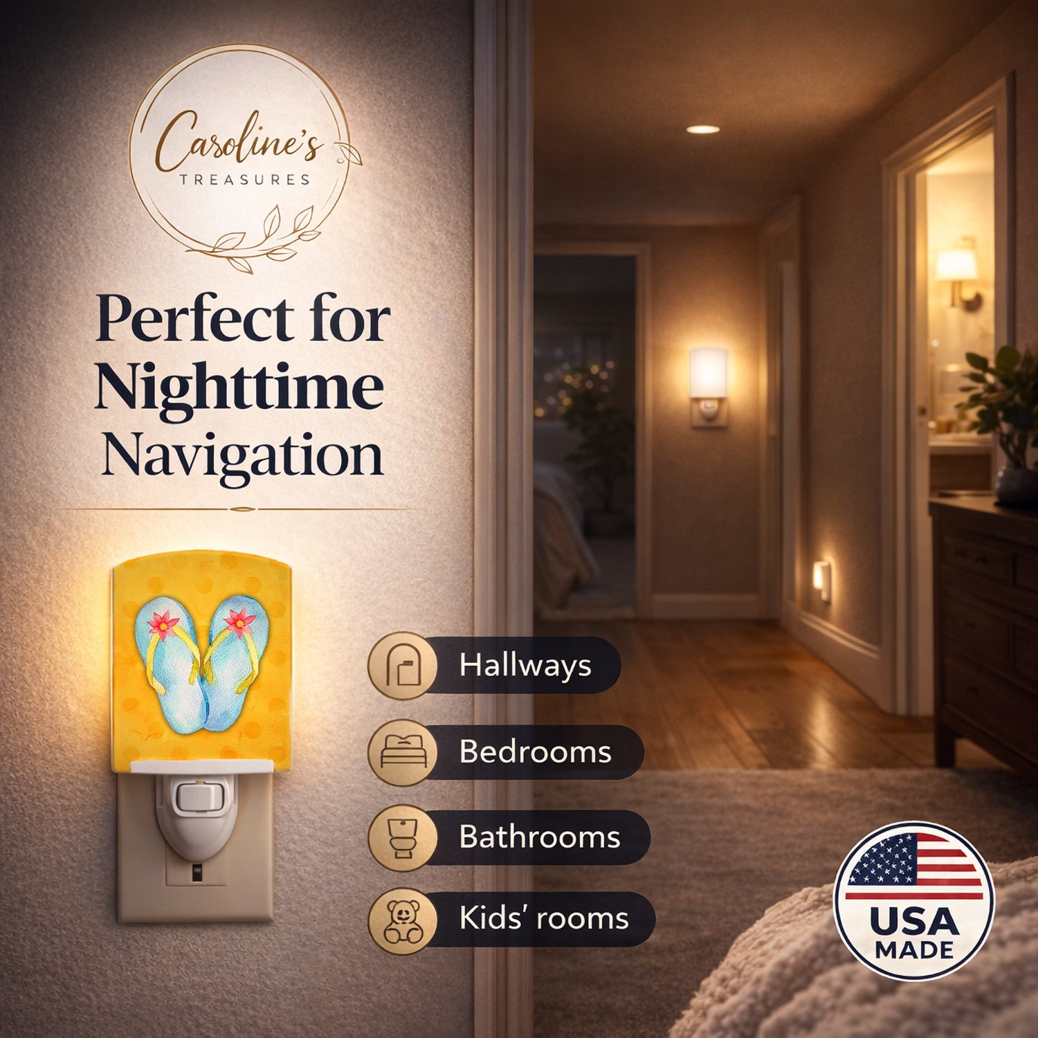 Flip Flops Yellow Polkadot Ceramic Night Light Compact, UL-Certified, Ideal for Bedroom, Bathroom, Nursery, Hallway, Kitchen, 6x4x3, Multicolor
