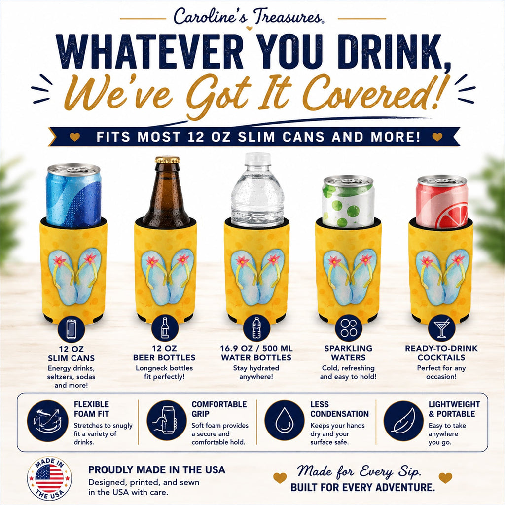 Flip Flops Yellow Polkadot Slim Can Hugger  Insulated Foam Sleeve for 12 oz Slim Cans, Beer Bottles & Water Bottles, Made in USA