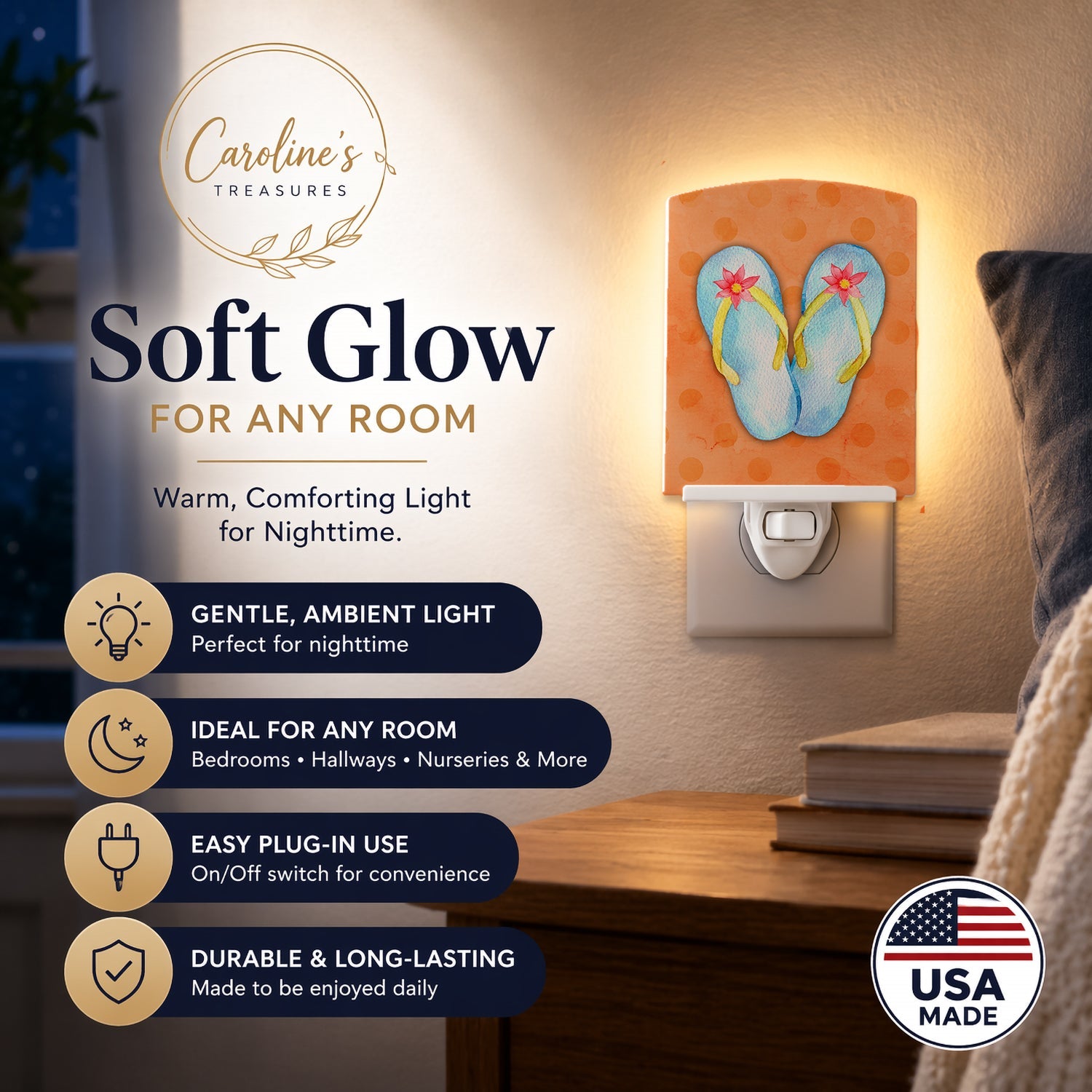 Flip Flops Orange Polkadot Ceramic Night Light Compact, UL-Certified, Ideal for Bedroom, Bathroom, Nursery, Hallway, Kitchen, 6x4x3, Multicolor