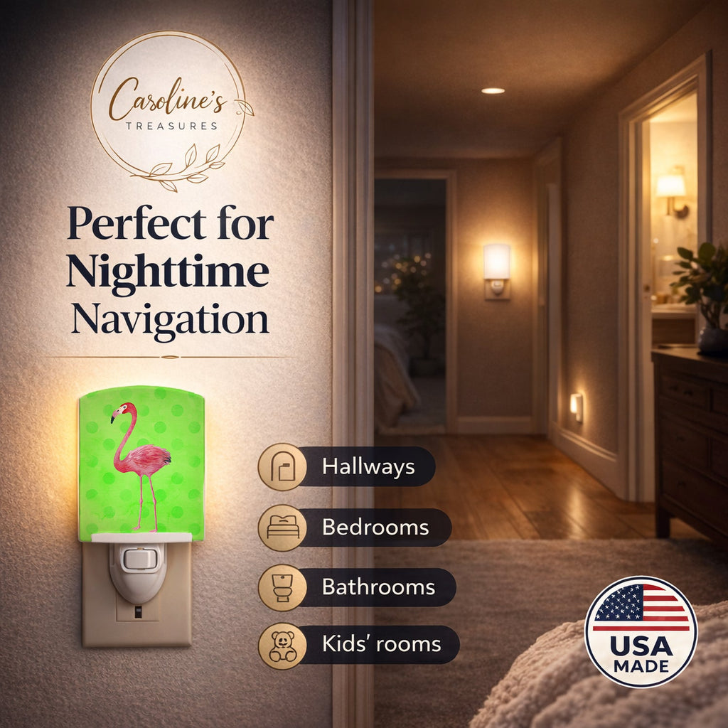 Flamingo Green Polkadot Ceramic Night Light Compact, UL-Certified, Ideal for Bedroom, Bathroom, Nursery, Hallway, Kitchen, 6x4x3, Multicolor
