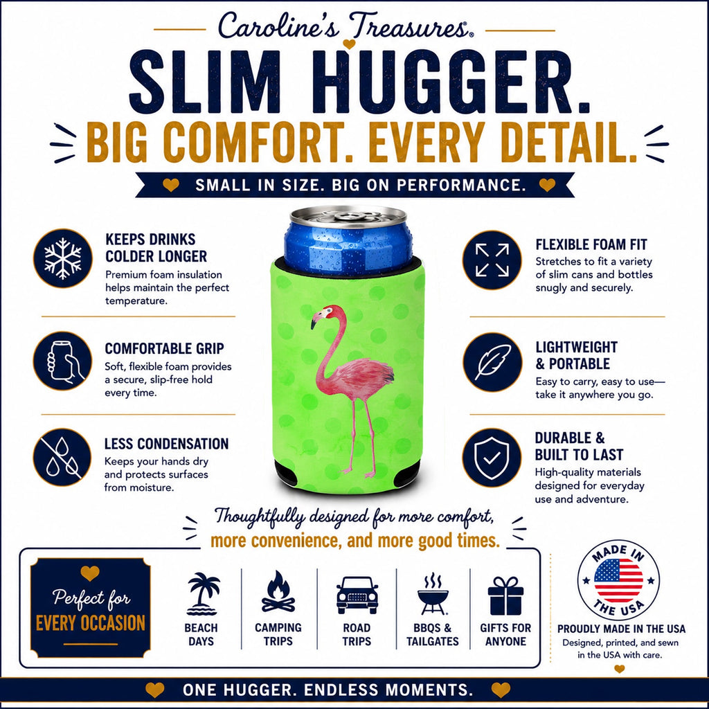 Flamingo Green Polkadot Slim Can Hugger  Insulated Foam Sleeve for 12 oz Slim Cans, Beer Bottles & Water Bottles, Made in USA