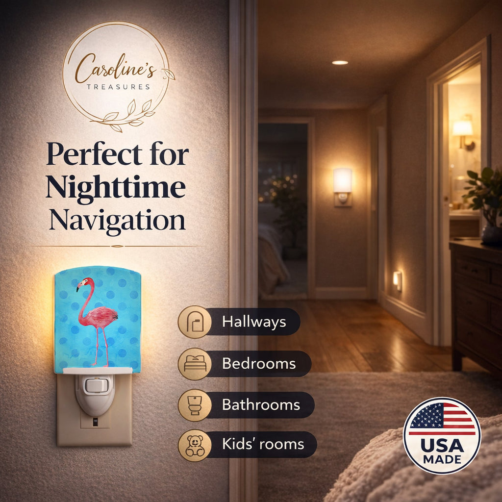 Flamingo Blue Polkadot Ceramic Night Light Compact, UL-Certified, Ideal for Bedroom, Bathroom, Nursery, Hallway, Kitchen, 6x4x3, Multicolor