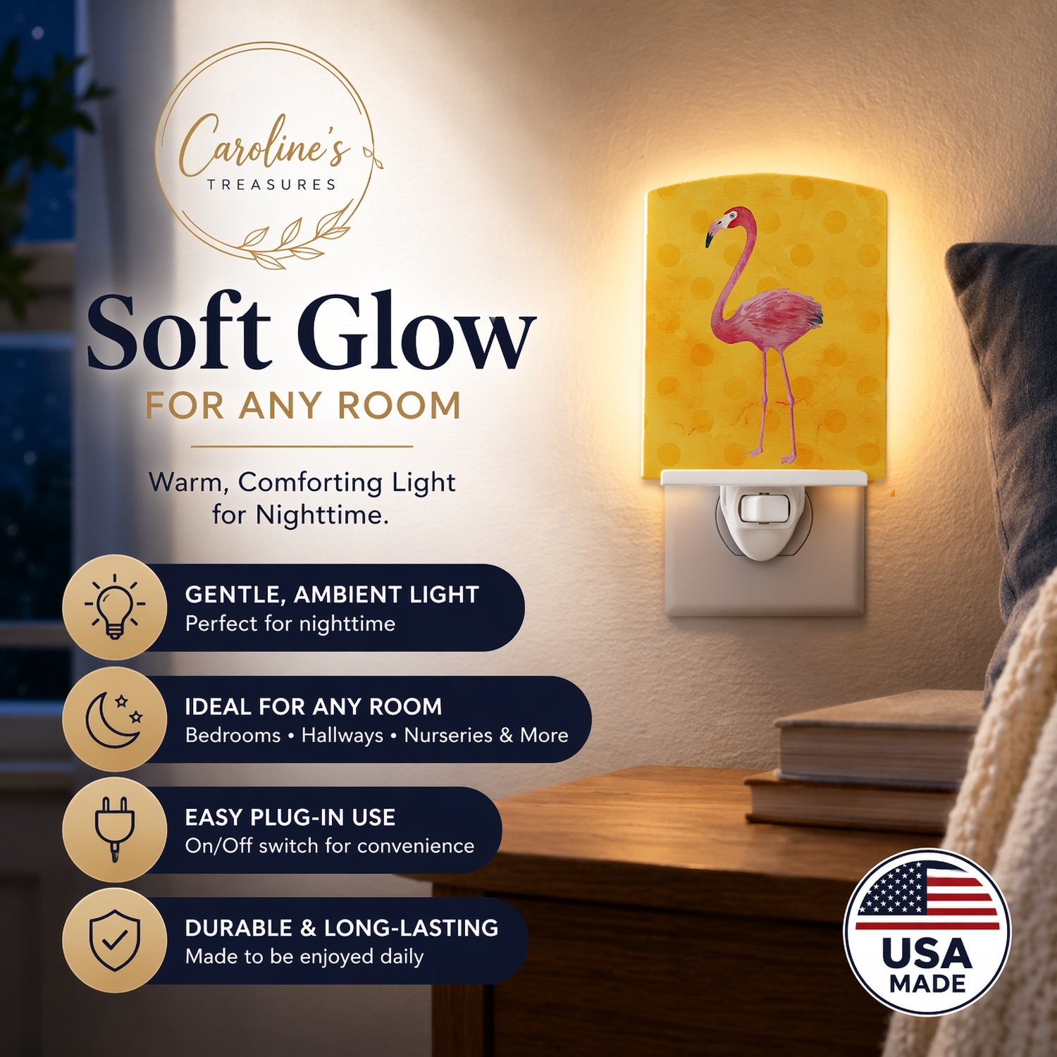 Flamingo Yellow Polkadot Ceramic Night Light Compact, UL-Certified, Ideal for Bedroom, Bathroom, Nursery, Hallway, Kitchen, 6x4x3, Multicolor