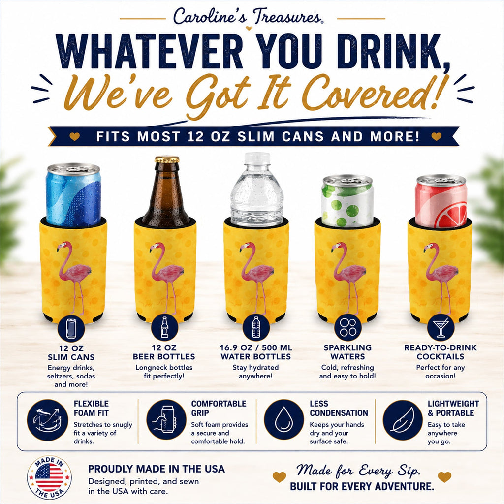 Flamingo Yellow Polkadot Slim Can Hugger  Insulated Foam Sleeve for 12 oz Slim Cans, Beer Bottles & Water Bottles, Made in USA