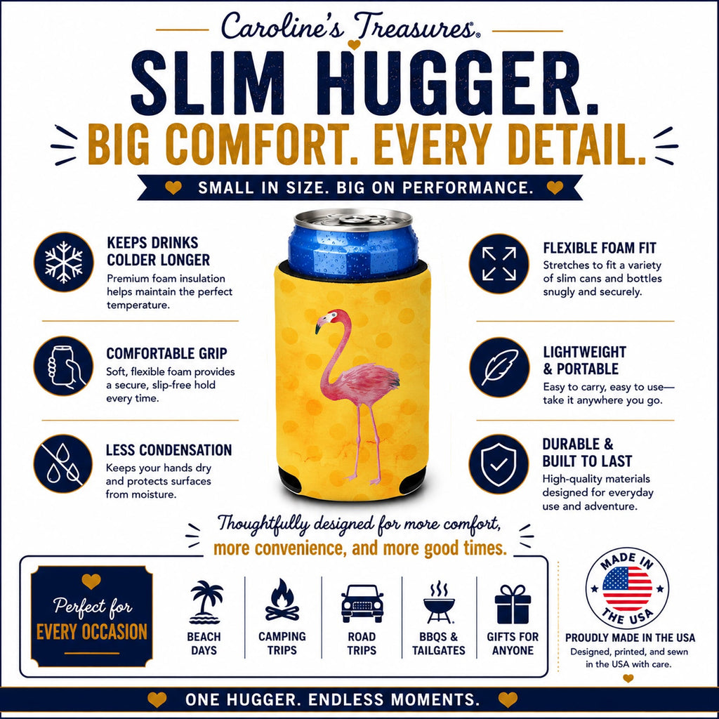 Flamingo Yellow Polkadot Slim Can Hugger  Insulated Foam Sleeve for 12 oz Slim Cans, Beer Bottles & Water Bottles, Made in USA