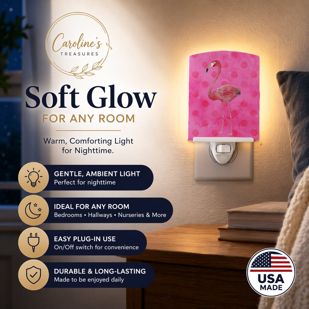 Flamingo Pink Polkadot Ceramic Night Light Compact, UL-Certified, Ideal for Bedroom, Bathroom, Nursery, Hallway, Kitchen, 6x4x3, Multicolor