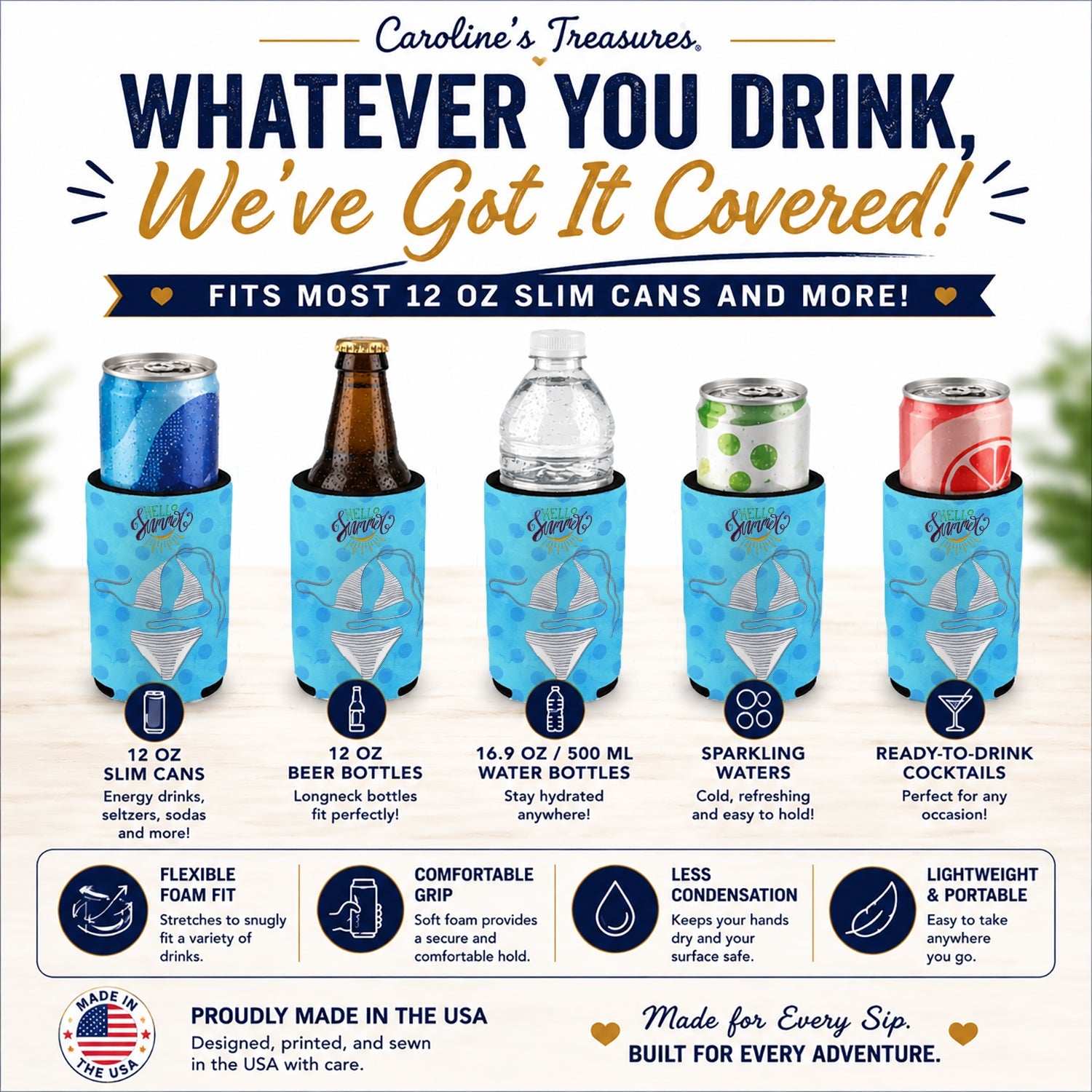 Bikini Swimsuit Blue Polkadot Slim Can Hugger  Insulated Foam Sleeve for 12 oz Slim Cans, Beer Bottles & Water Bottles, Made in USA