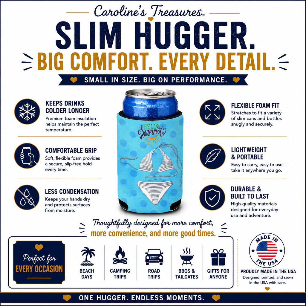 Bikini Swimsuit Blue Polkadot Slim Can Hugger  Insulated Foam Sleeve for 12 oz Slim Cans, Beer Bottles & Water Bottles, Made in USA