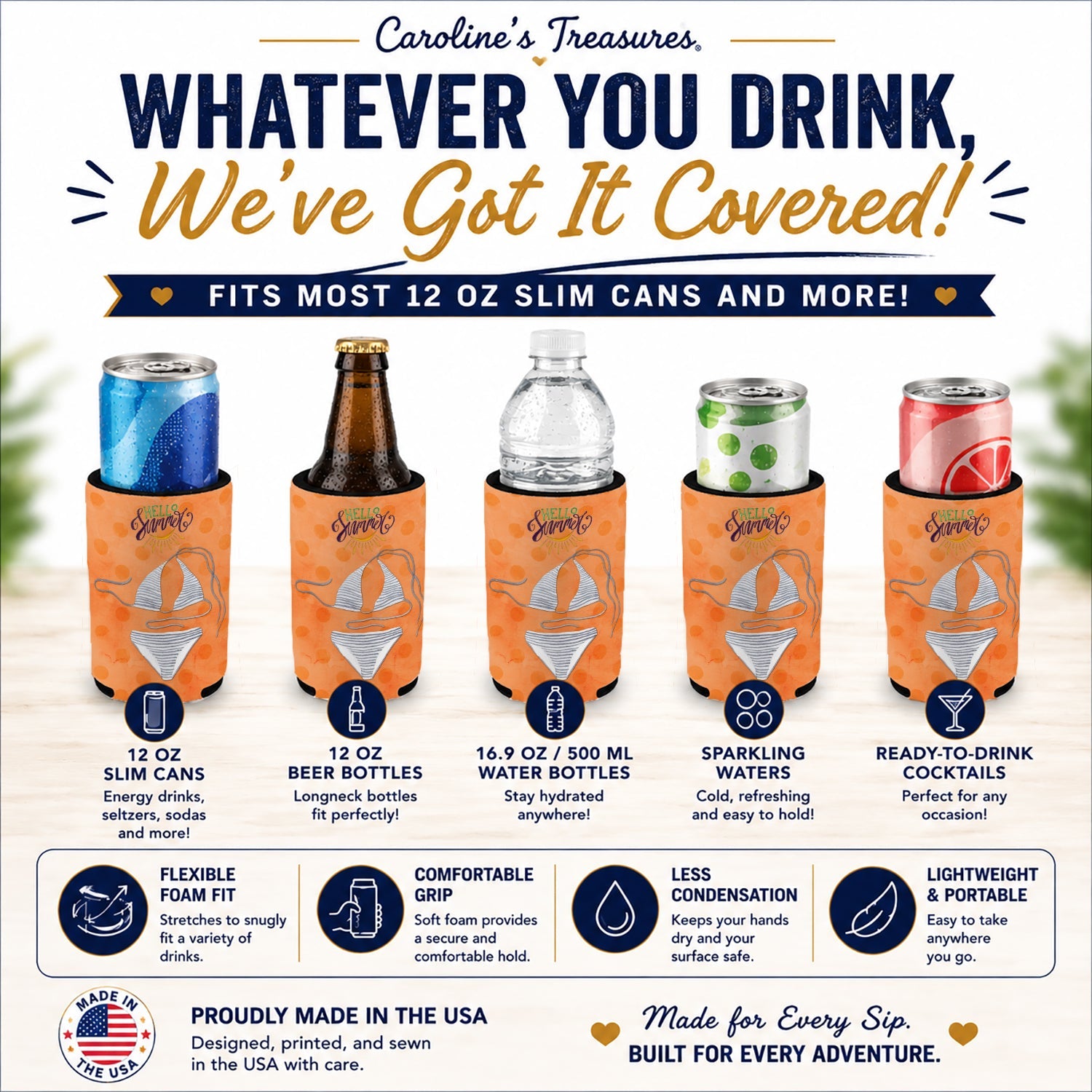 Bikini Swimsuit Orange Polkadot Slim Can Hugger  Insulated Foam Sleeve for 12 oz Slim Cans, Beer Bottles & Water Bottles, Made in USA