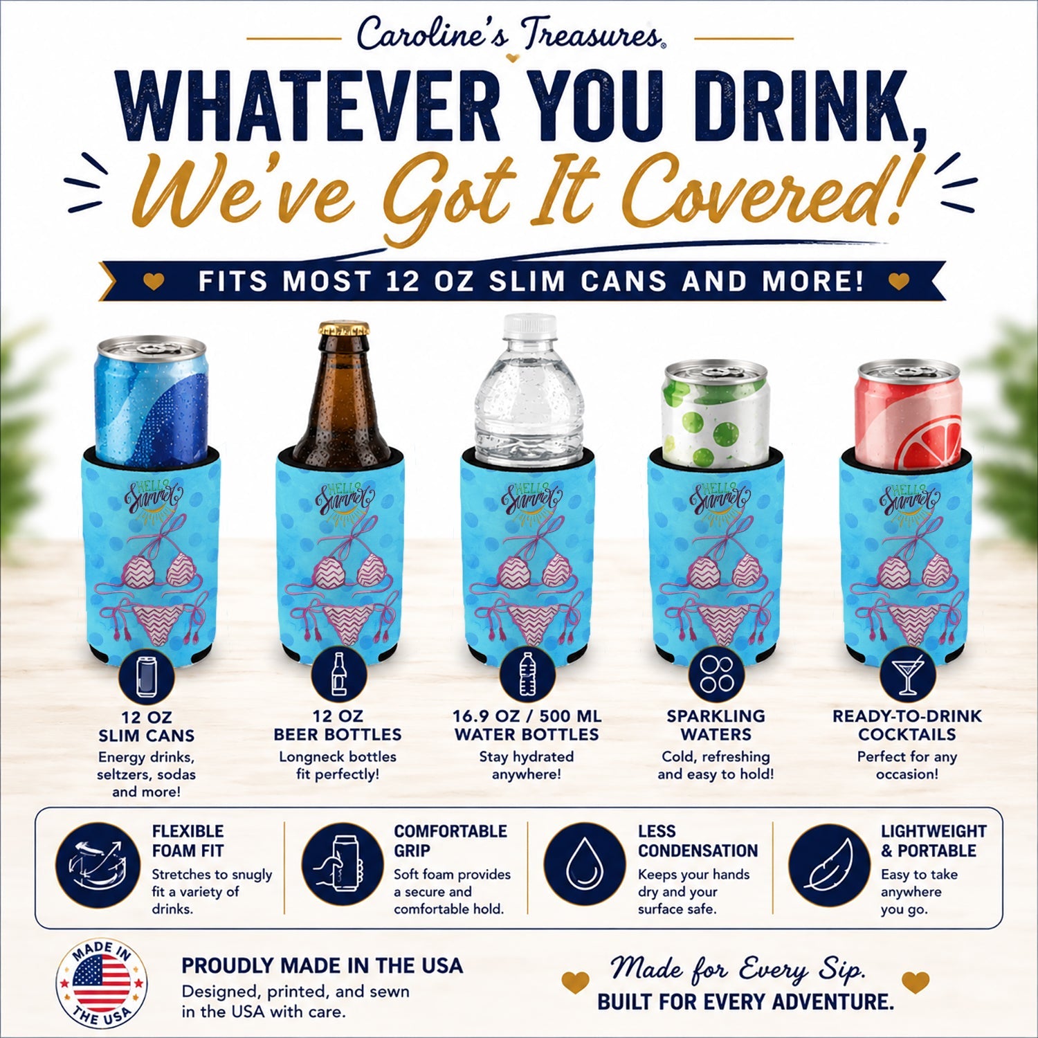 Bikini Swimsuit Blue Polkadot Slim Can Hugger  Insulated Foam Sleeve for 12 oz Slim Cans, Beer Bottles & Water Bottles, Made in USA